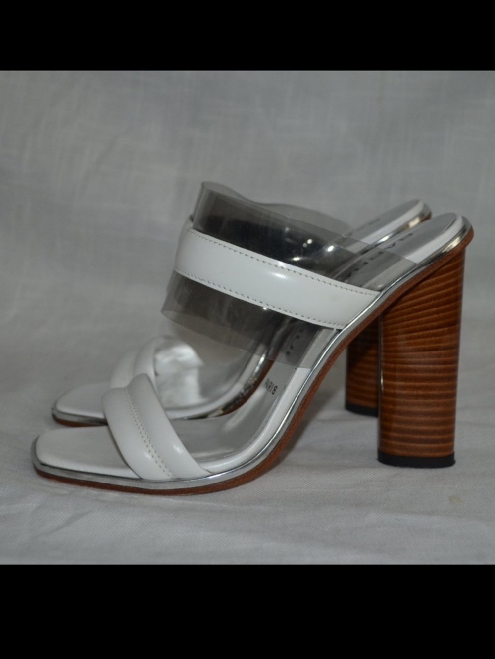 Sz 37 6.5 Barbara Bui White Leather Clear PVC Block Brown 4" Heels